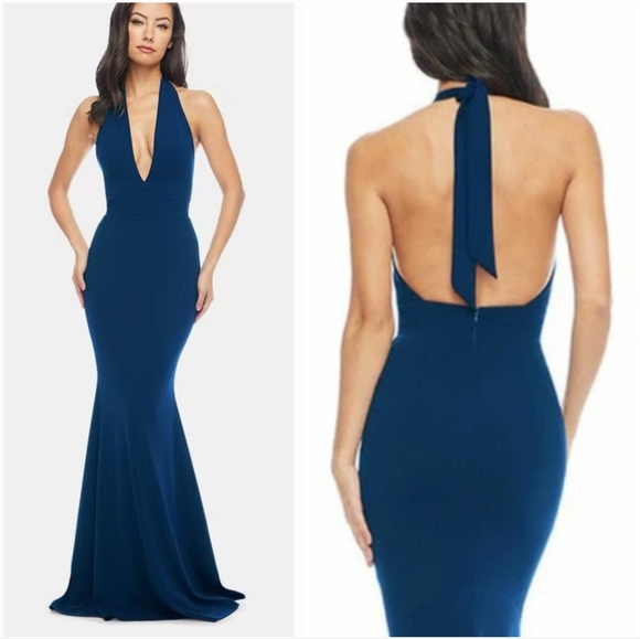 New Dress The Population Blue Camden Plunging Halter Mermaid Evening Gown Medium - Picture 1 of 15